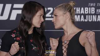 Karolina Kowalkiewicz vs Felice Herrig UFC 223 Media Day Staredown  MMA Fighting [upl. by Demahom]