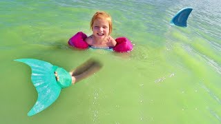 MERMAID swimming in SHARK water Beach Day at the Backyard Lake with Adley and Baby Niko [upl. by Nnybor784]