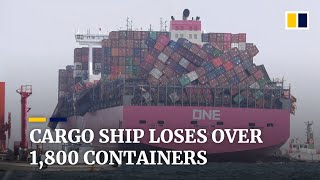 Cargo ship ONE Apus loses more than 1800 containers in Pacific storm [upl. by Sitoeht460]