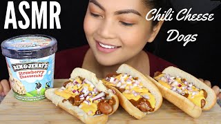 ASMR CHILI CHEESE DOGS and BEN amp JERRYS STRAWBERRY CHEESECAKE ICE CREAM Eating Sounds [upl. by Ahsienahs]