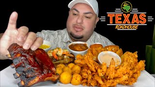 TEXAS ROADHOUSE MUKBANG • Rattlesnake Bites • Smothered Ribeye Steak • Bbq Ribs • Cactus Blossom [upl. by Anatak]