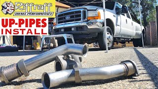 2001 F350 73  RiffRaff UpPipes Install  Stock up pipes leaking and falling apart JUNK SP [upl. by Aihsoem912]