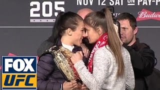 Joanna JędrzejczykKarolina Kowalkiewicz stare down at UFC 205 prefight press conference  UFC 205 [upl. by Elyad986]