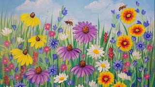 Wildflowers Acrylic Painting Tutorial LIVE Beginner Step by Step Flowers [upl. by Assilak]