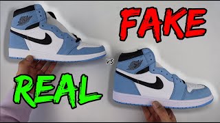 REAL VS FAKE NIKE AIR JORDAN 1 UNIVERSITY BLUE COMPARISON [upl. by Akihsar]