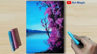 12  Oil Pastel Drawing  How to Draw Realistic Riverside Landscape Nature painting step by step [upl. by Nnaeirrac688]