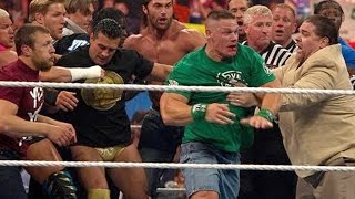 John Cena and Brock Lesnar get into a brawl that clears the entire locker room Raw April 9 2012 [upl. by Aubigny]