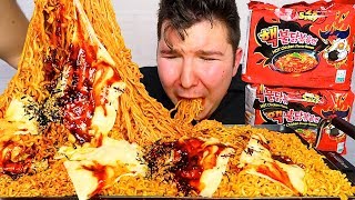 SPICY CHEESY NUCLEAR FIRE RAMEN NOODLE CHALLENGE • Mukbang amp Recipe [upl. by Edak]